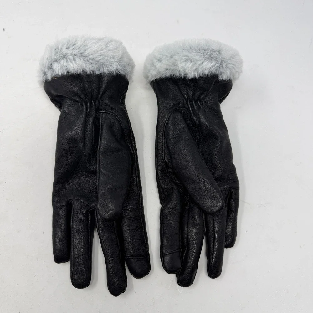 Echo Leather Gloves Womens L Black Excellent Faux Fur Cuff Touchscreen LH5